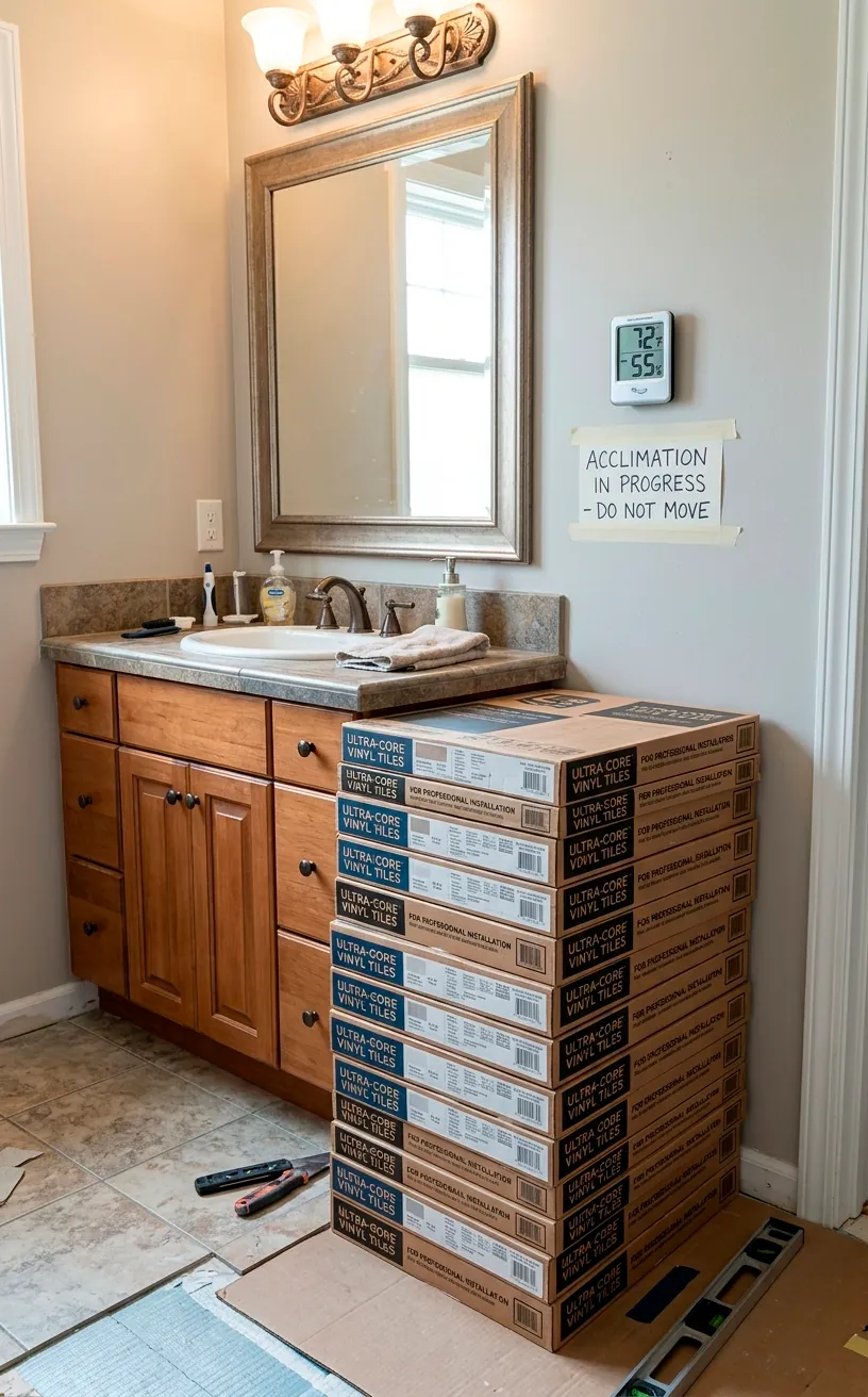 Boxes of vinyl floor tiles acclimating in a bathroom before installation.