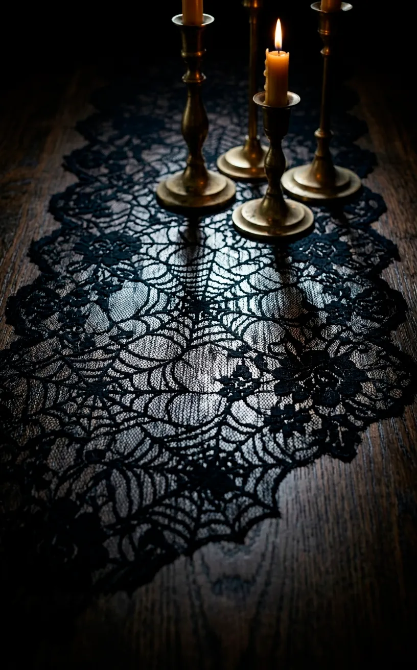 Intricate black lace table runner on a dark wooden dining table.