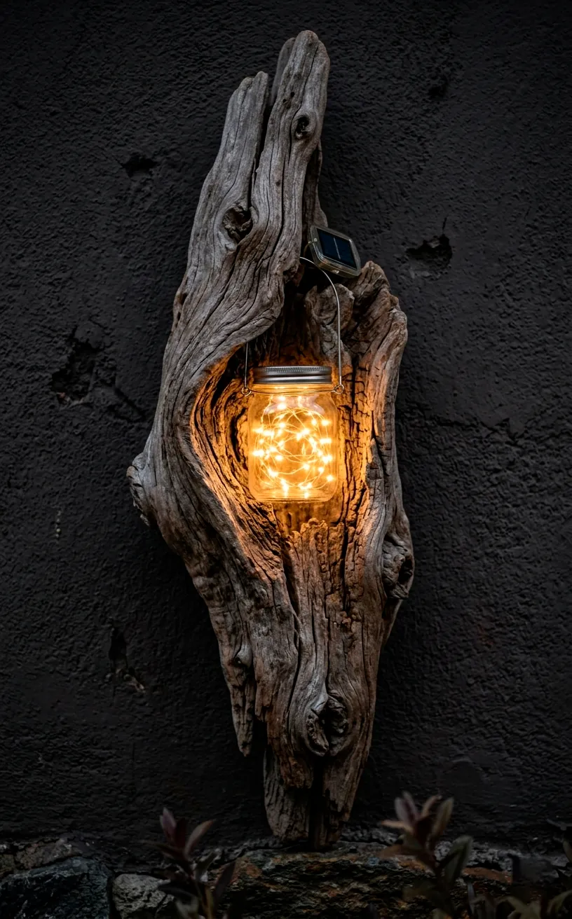 A unique wall-mounted driftwood sconce holding a soft glowing solar light.