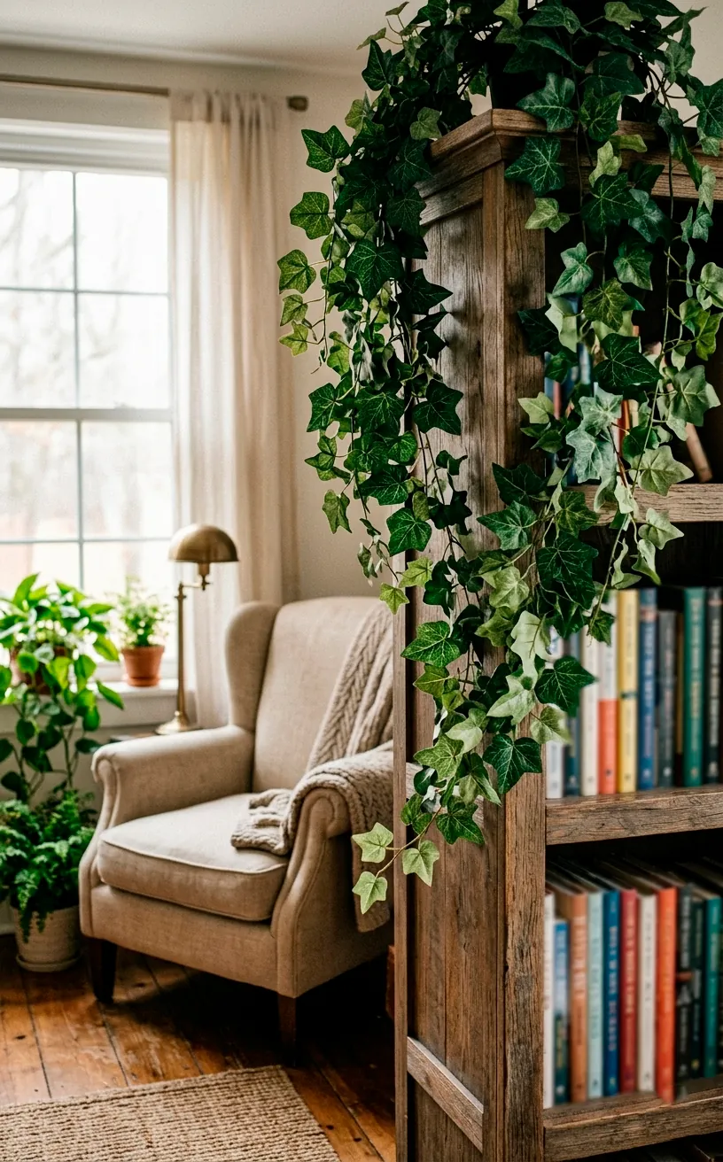 Artificial ivy vine garlands draped over a wooden bookshelf in a kids room.