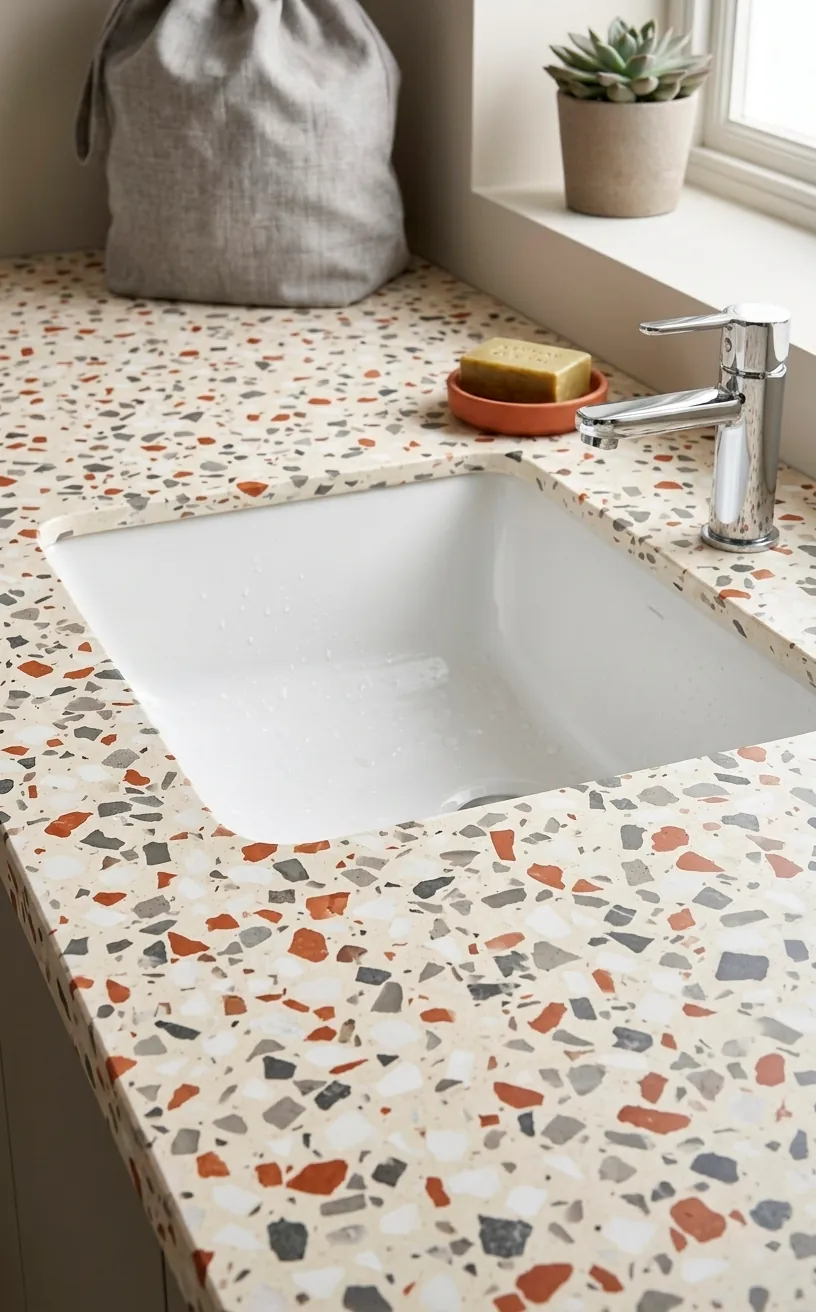 A close up of a modern organic terrazzo countertop with grey and terracotta geometric stone flakes.