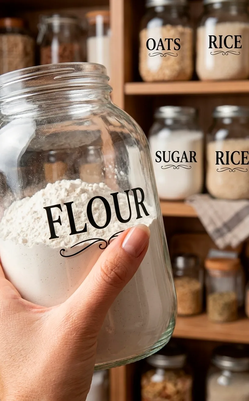 Close-up of a hand applying a minimalist vinyl label to a glass pantry jar.