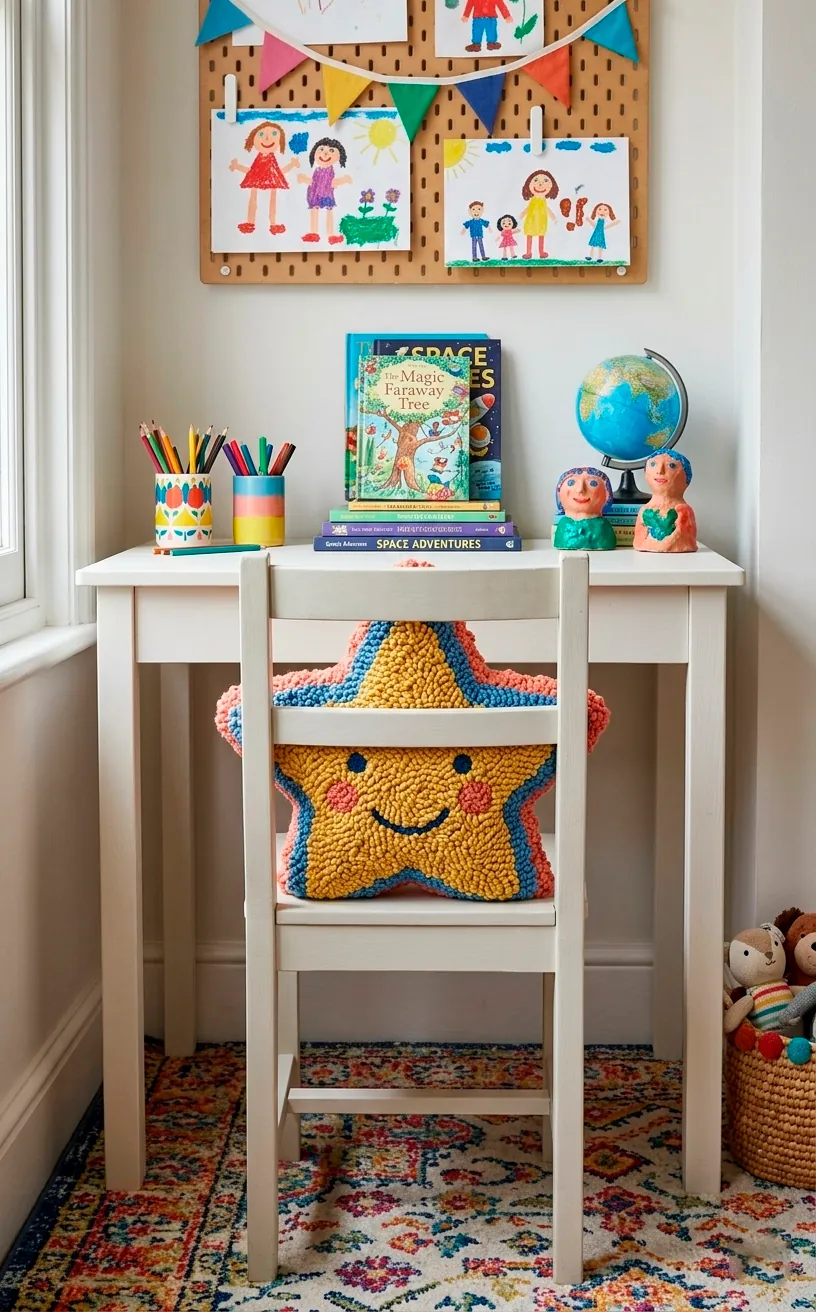 Yellow punch needle star shaped cushion resting on a white wooden kids study desk chair.