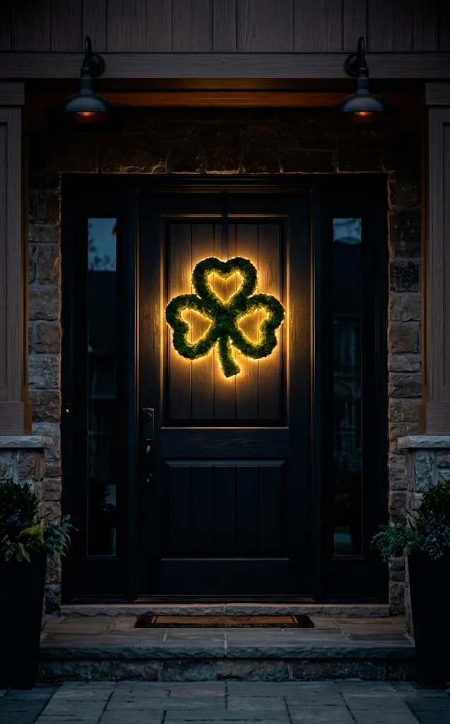 Backlit moss shamrock wreath with warm white LED lights at night on a dark door.