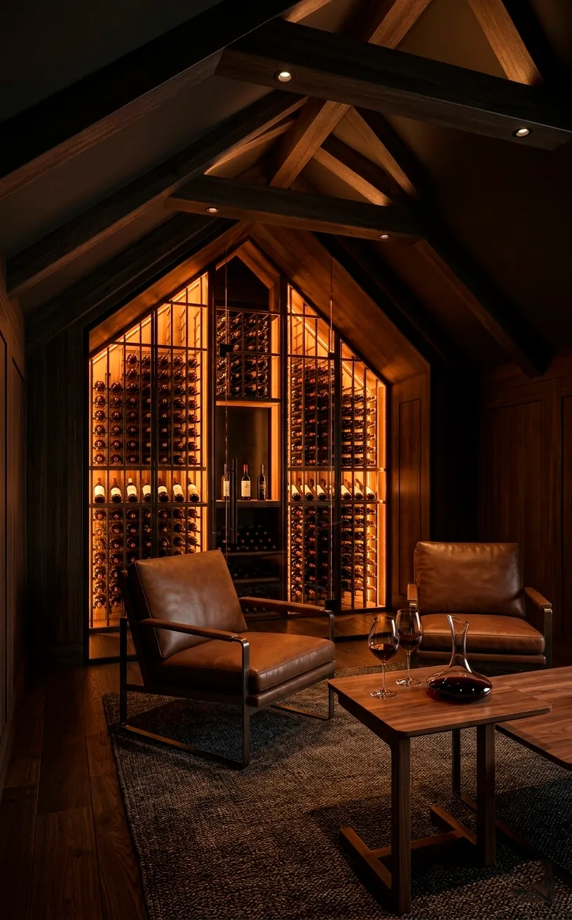 Luxury attic wine tasting room with glass-enclosed climate-controlled racks.