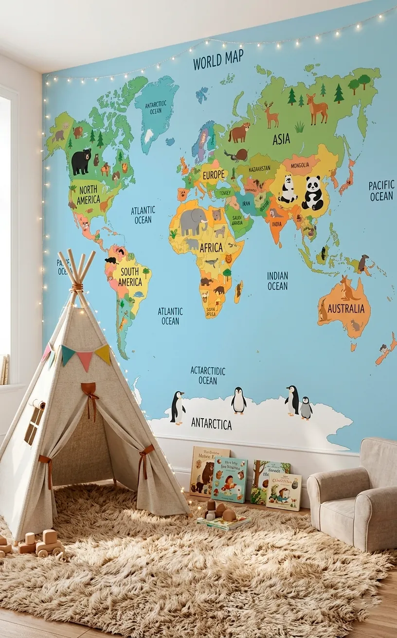 Playroom corner featuring a large illustrated world map wall decal with native animals.