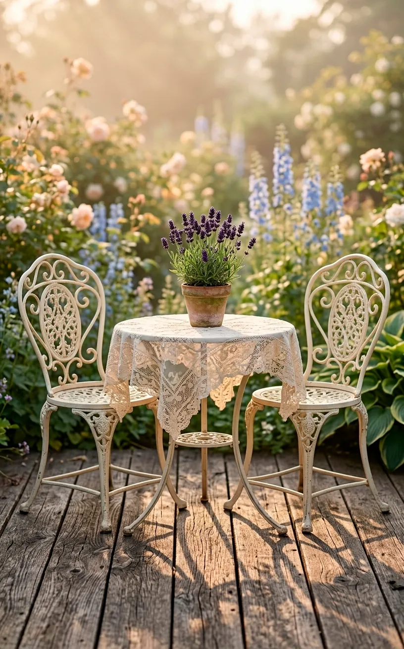 Ivory wrought iron bistro set on a porch with a pot of lavender.