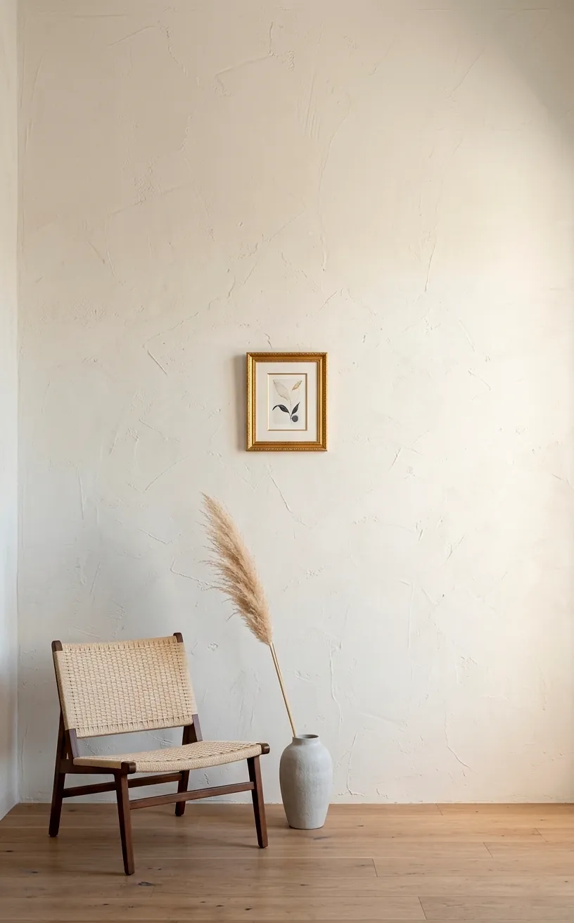 Minimalist art placement with significant negative space on a textured plaster wall.