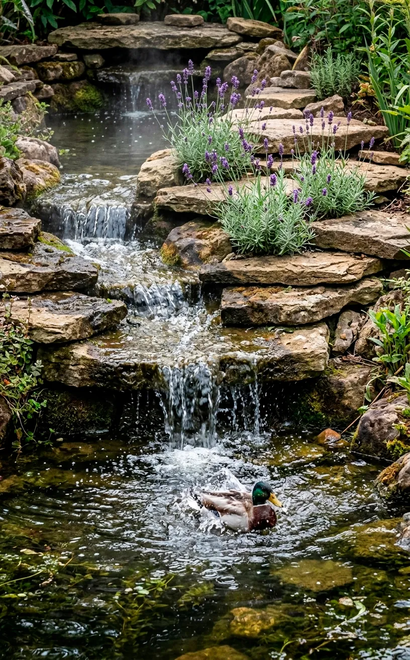 Natural rock waterfall in a duck pond with lavender accents.