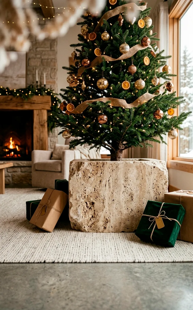 Christmas tree standing in a large raw travertine stone pot.