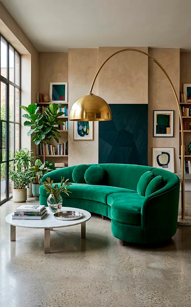 Emerald green kidney-shaped velvet sofa in a modern living room with a gold arc lamp.