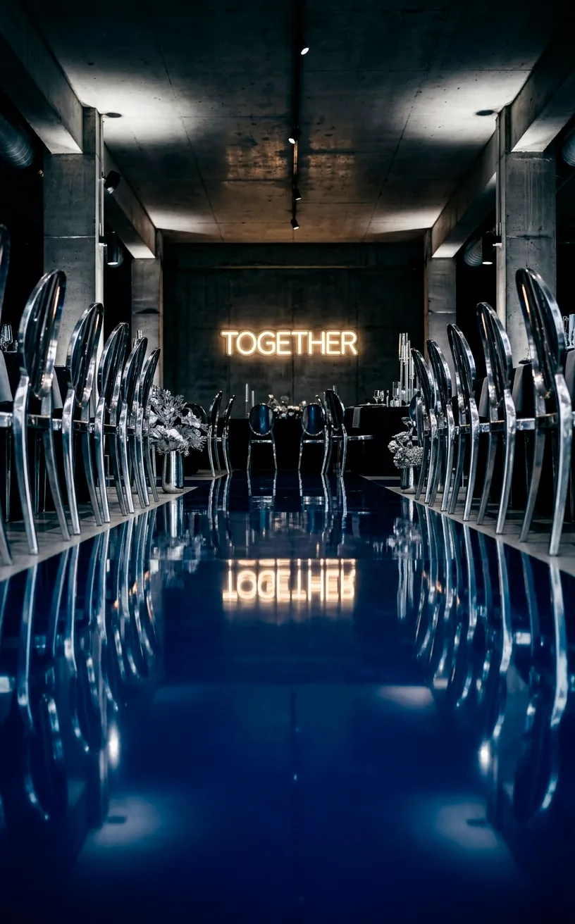 Modern midnight blue and chrome wedding decor with industrial elements.