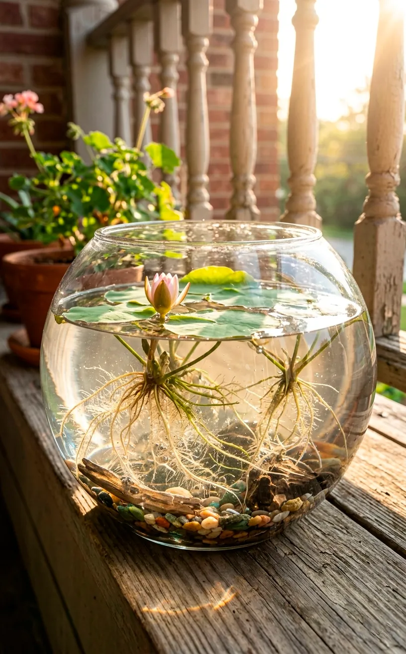 A clear glass bubble bowl mini pond showing floating lotus roots in the morning sun on a porch.