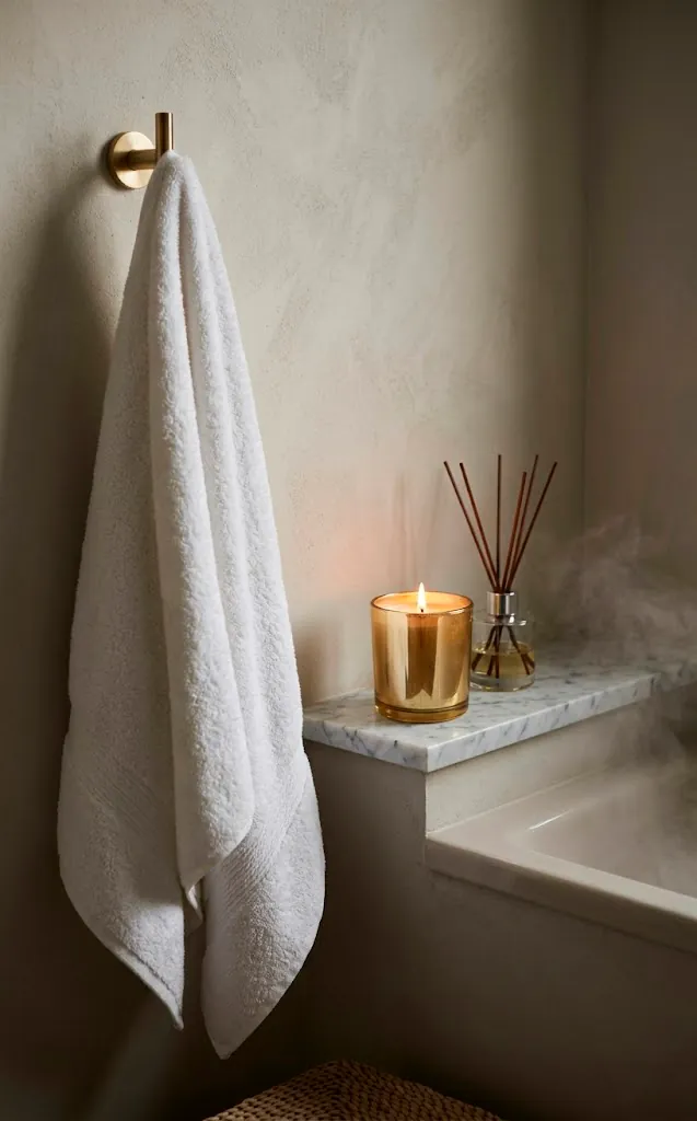 Plush white towel on gold hook next to a luxury gold candle on a marble ledge.