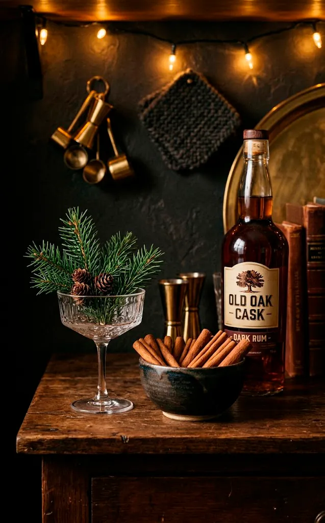 Winter-themed mini bar styling with evergreen accents and cinnamon sticks.