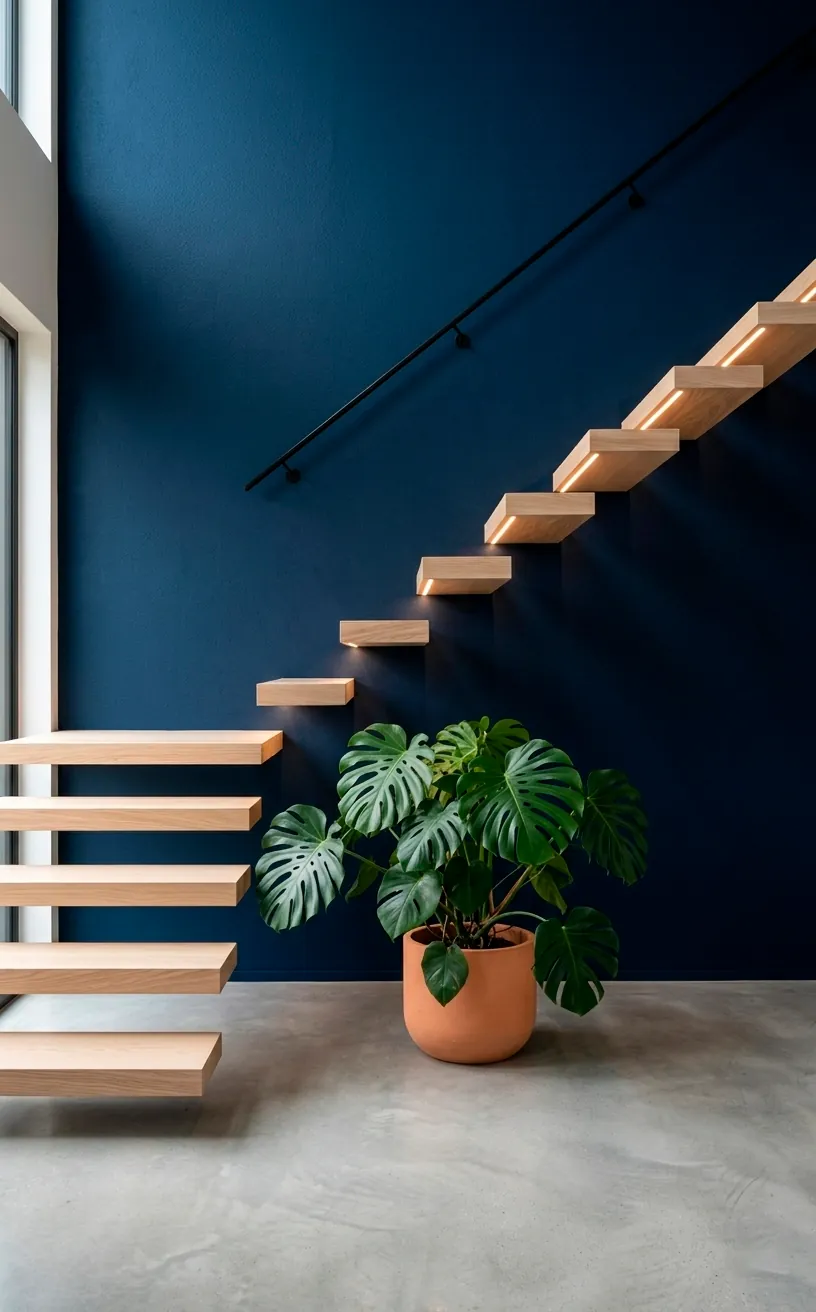 Floating ash wood stairs against a navy blue accent wall with a large indoor plant below.