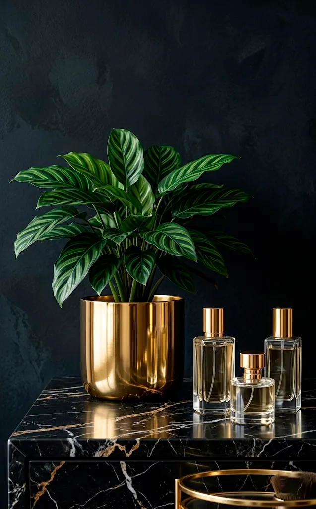 Green plant in a gold pot sitting on a black bathroom vanity.
