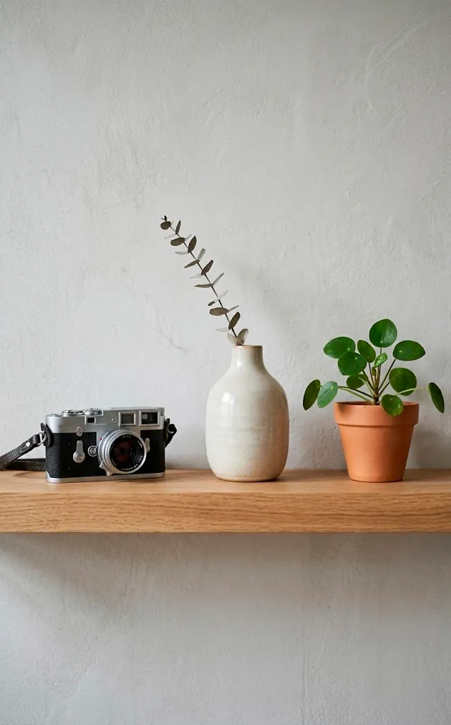 Minimalist curated shelf decor in a studio apartment with vintage accents.