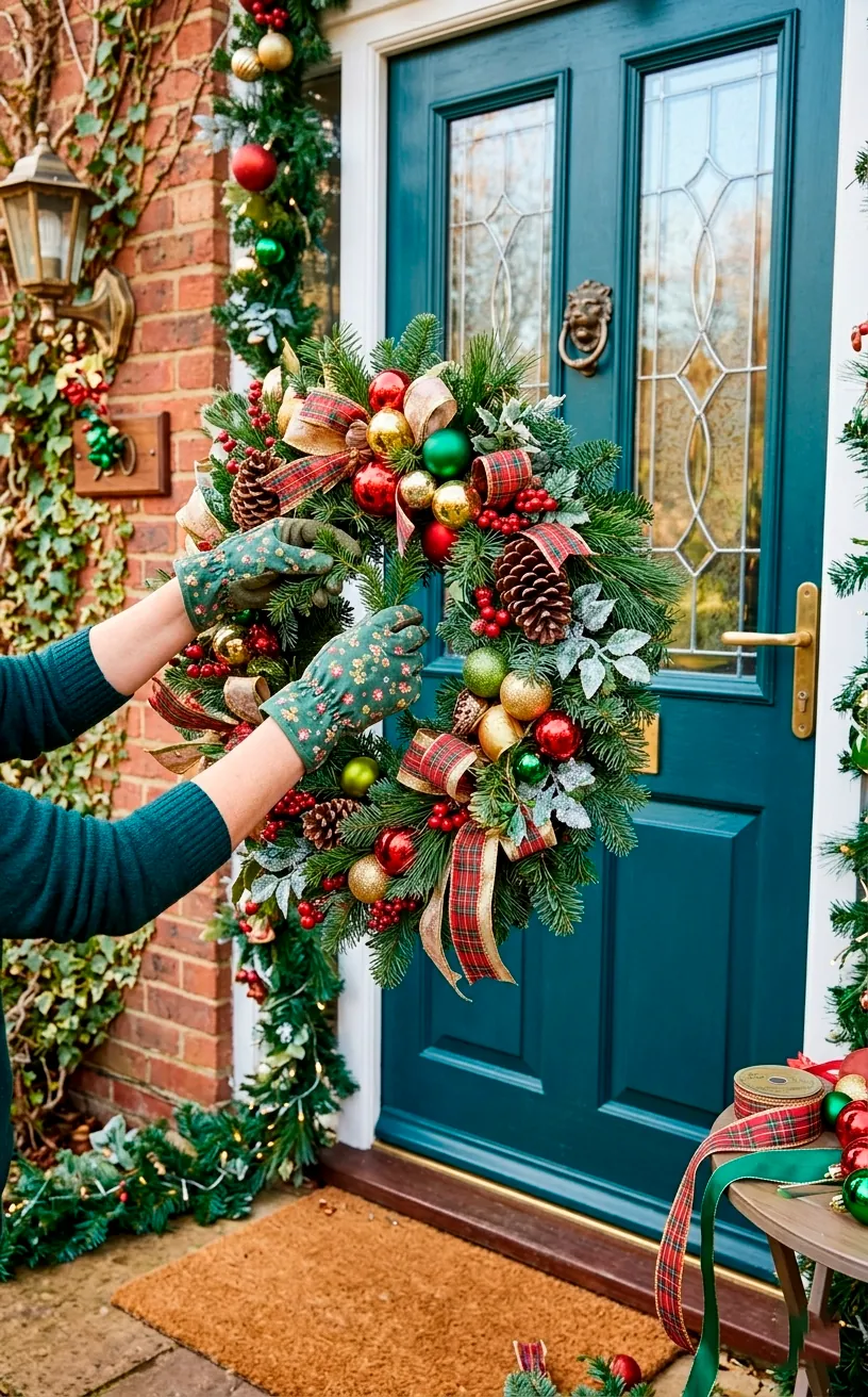 Final styling and fluffing of a decorated evergreen wreath for a professional look.