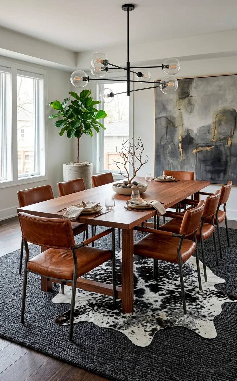 Faux cowhide rug layered over a charcoal rug in a modern rustic dining room.