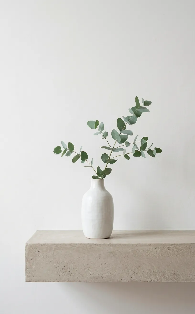 Single white ceramic vase with a eucalyptus branch on a minimalist bathroom ledge.