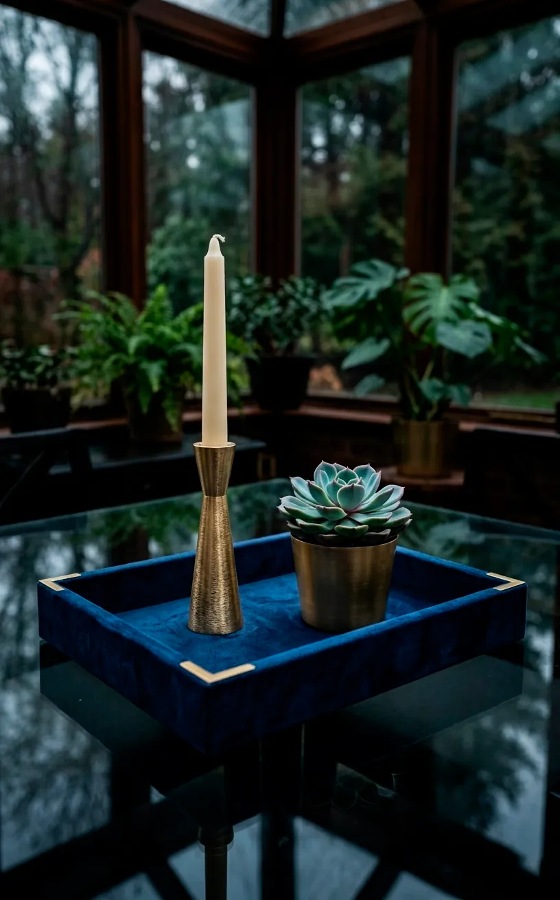 Navy blue velvet decorative tray holding gold accessories in a moody sunroom.