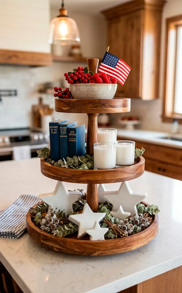 Three-tiered tray centerpiece with patriotic decor and white ceramic stars.