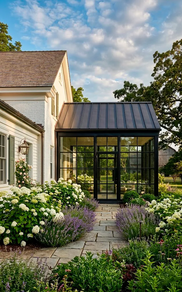 Modern farmhouse sunroom addition with black steel windows and white siding.