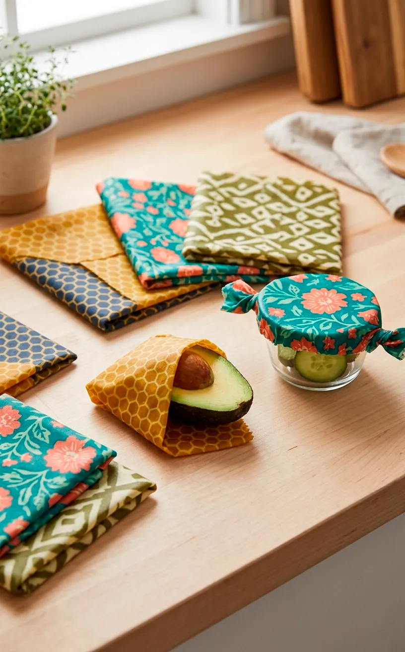 Reusable beeswax food wraps holding fresh ingredients on a kitchen counter for low waste living.
