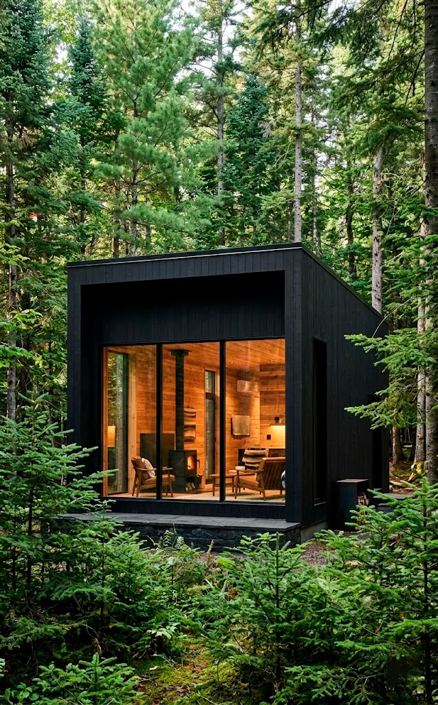 Ultra-modern black cabin in a pine forest with large glass walls and wood interior.
