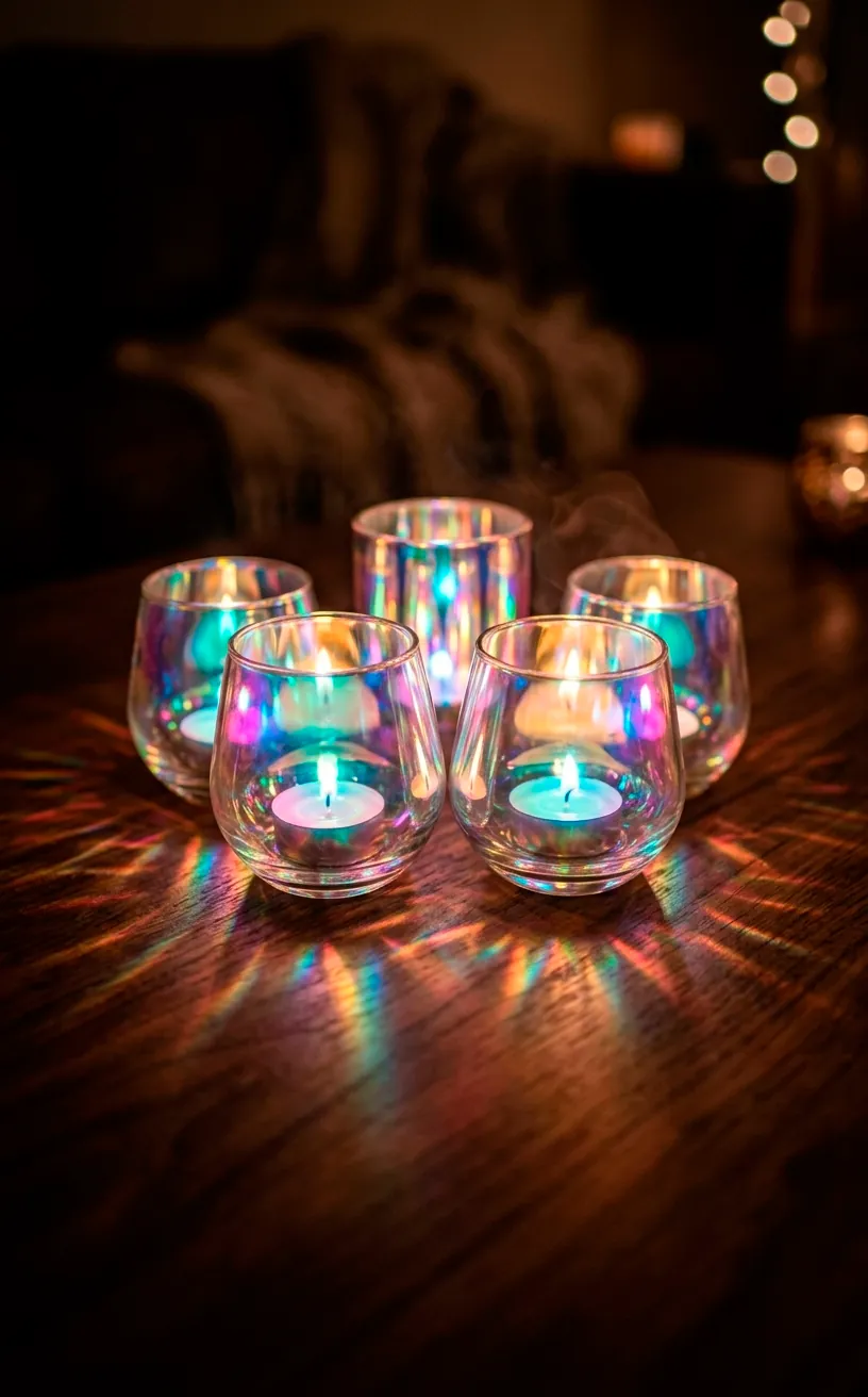 Iridescent glass tealight holders with flickering candles casting rainbow light on a table.