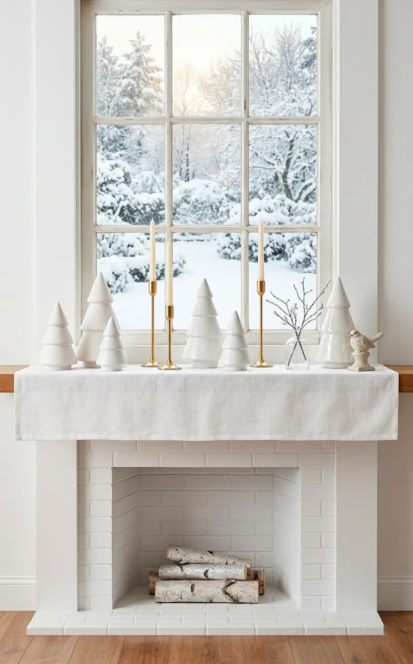 Transitioned winter mantel decor with white ceramic trees and gold accents for January.