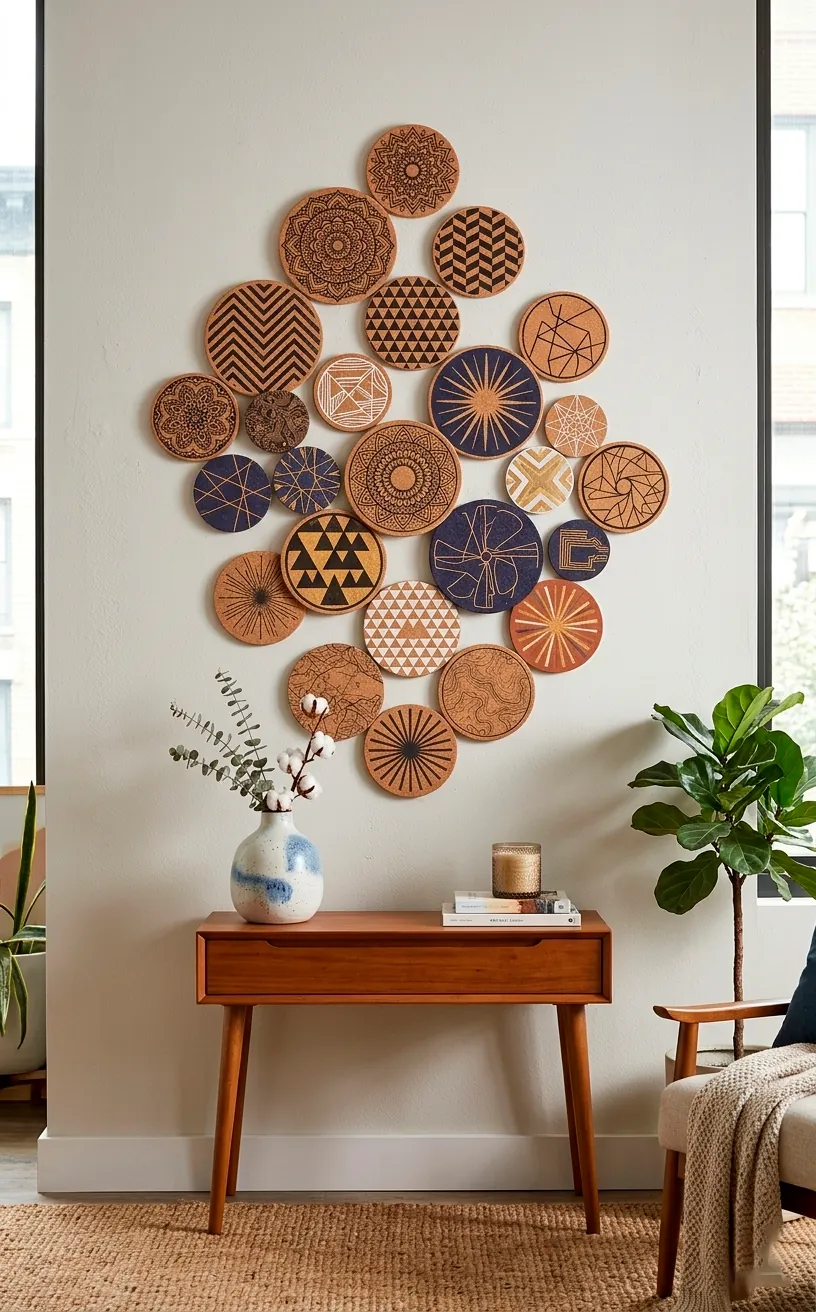 Geometric patterned cork coasters arranged as creative wall art in a modern living room.