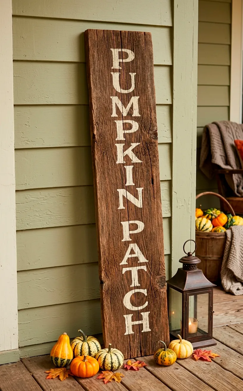 Reclaimed wood leaning porch sign with vintage autumn typography.