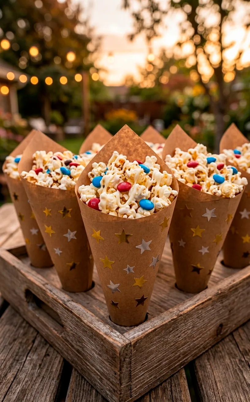 Popcorn snack cones with red and blue candies for a holiday party.