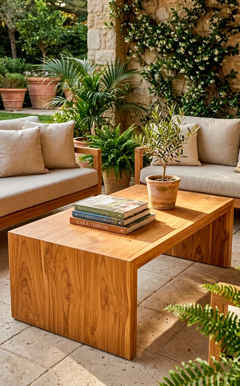 A high-quality teak wood coffee table with natural grain on a modern patio.