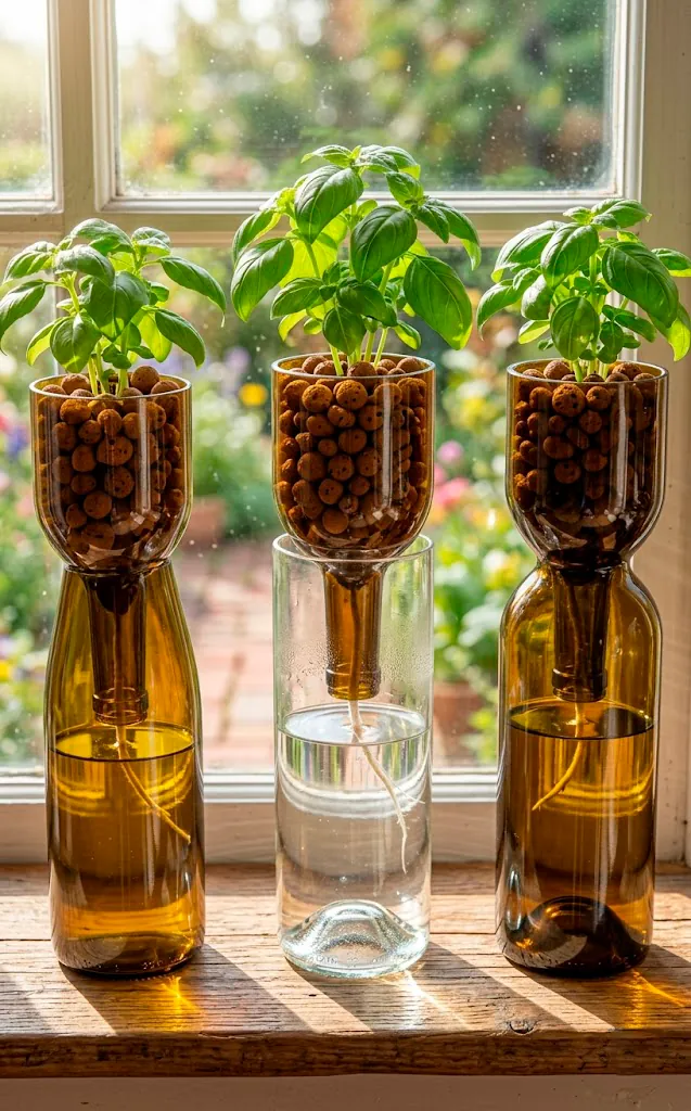 Upcycled amber wine bottles used as DIY hydroponic planters for herbs on a sunny windowsill.