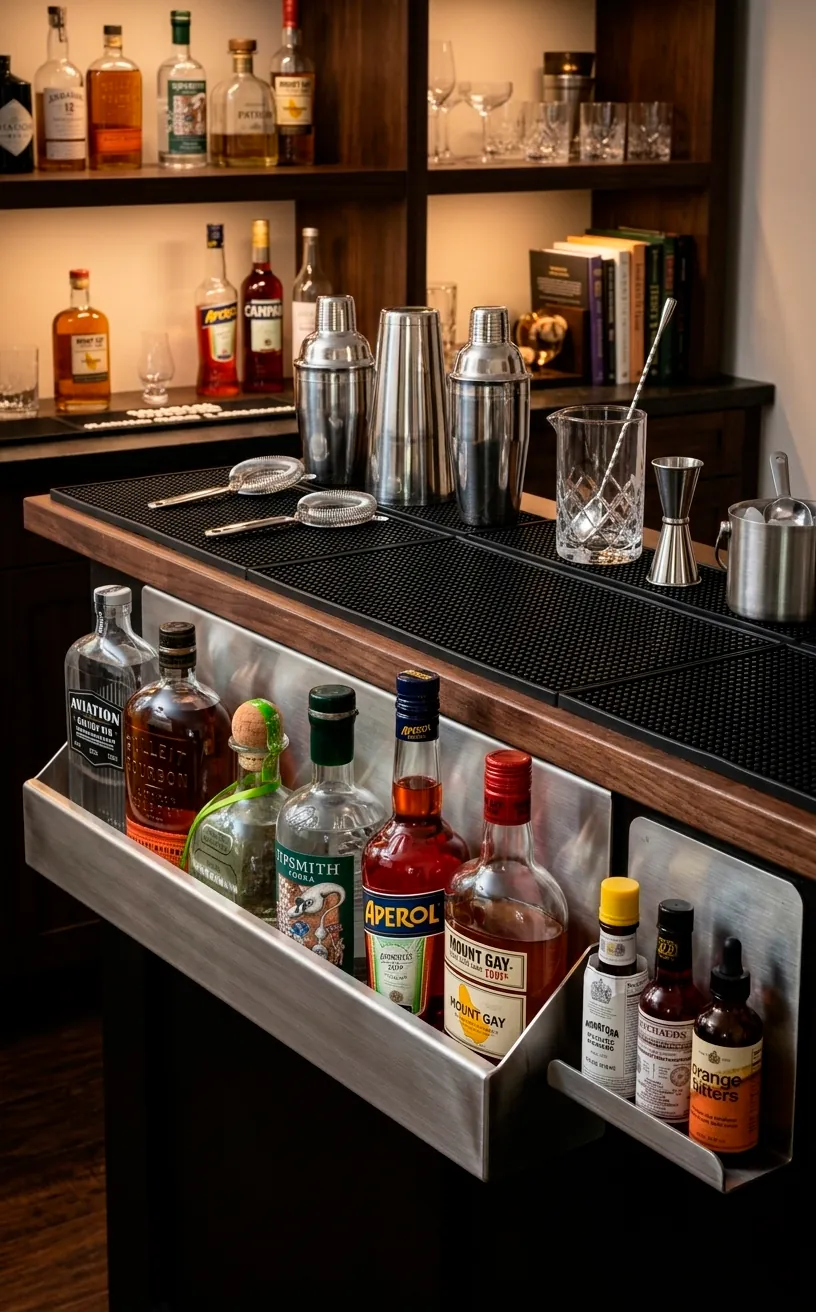 Ergonomic stainless steel speed rail holding premium liquor bottles at a luxury home bar workspace.