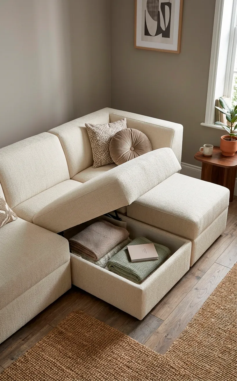 Cream modular corner sectional sofa showing hidden storage compartment under the cushion seat.