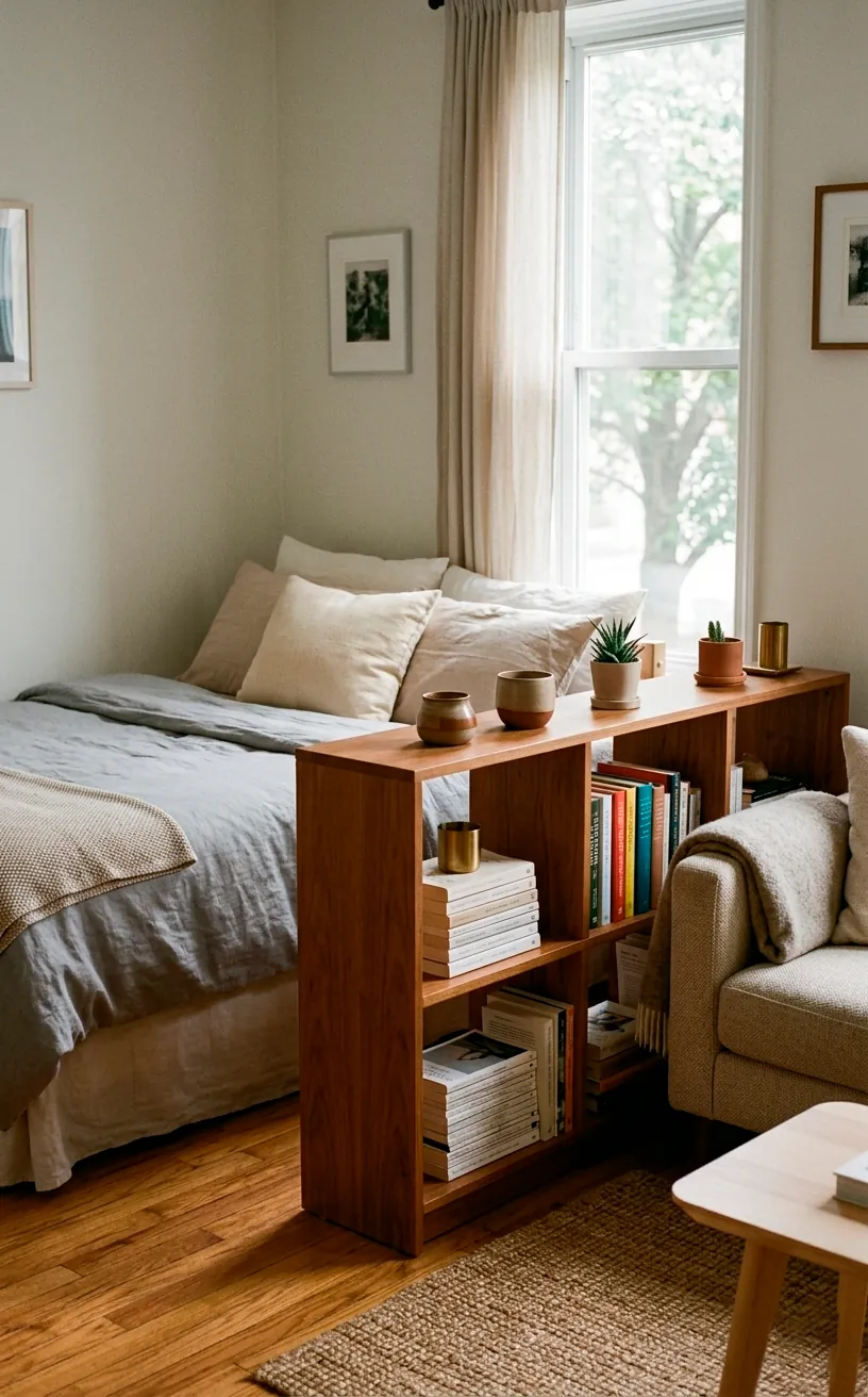 Small bedroom layout using a bookshelf as a room divider between the bed and living area.