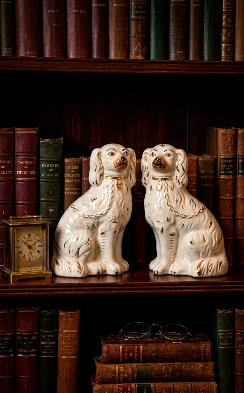 Pair of vintage white Staffordshire dog figurines on a bookshelf.