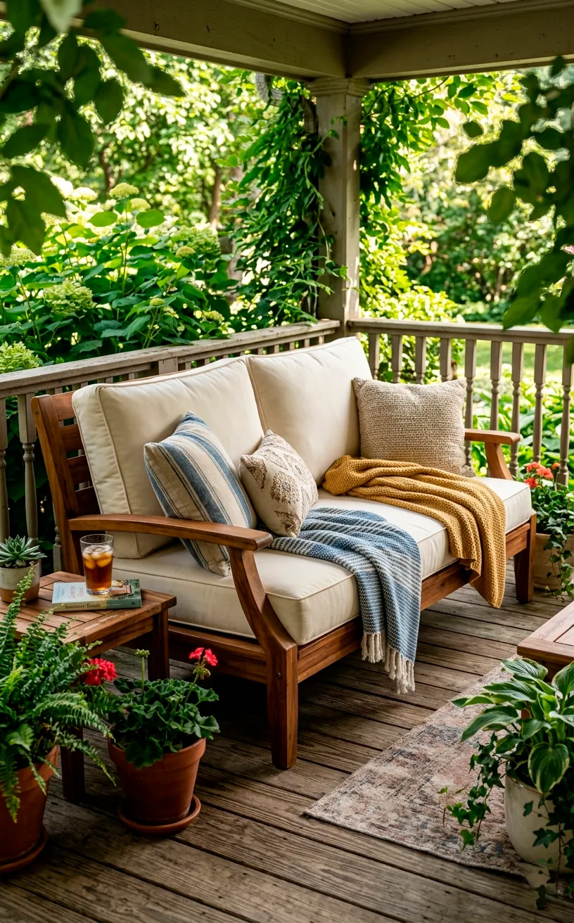 Deep-seated acacia wood patio loveseat featuring thick cream cushions on a shaded porch for ultimate comfort.