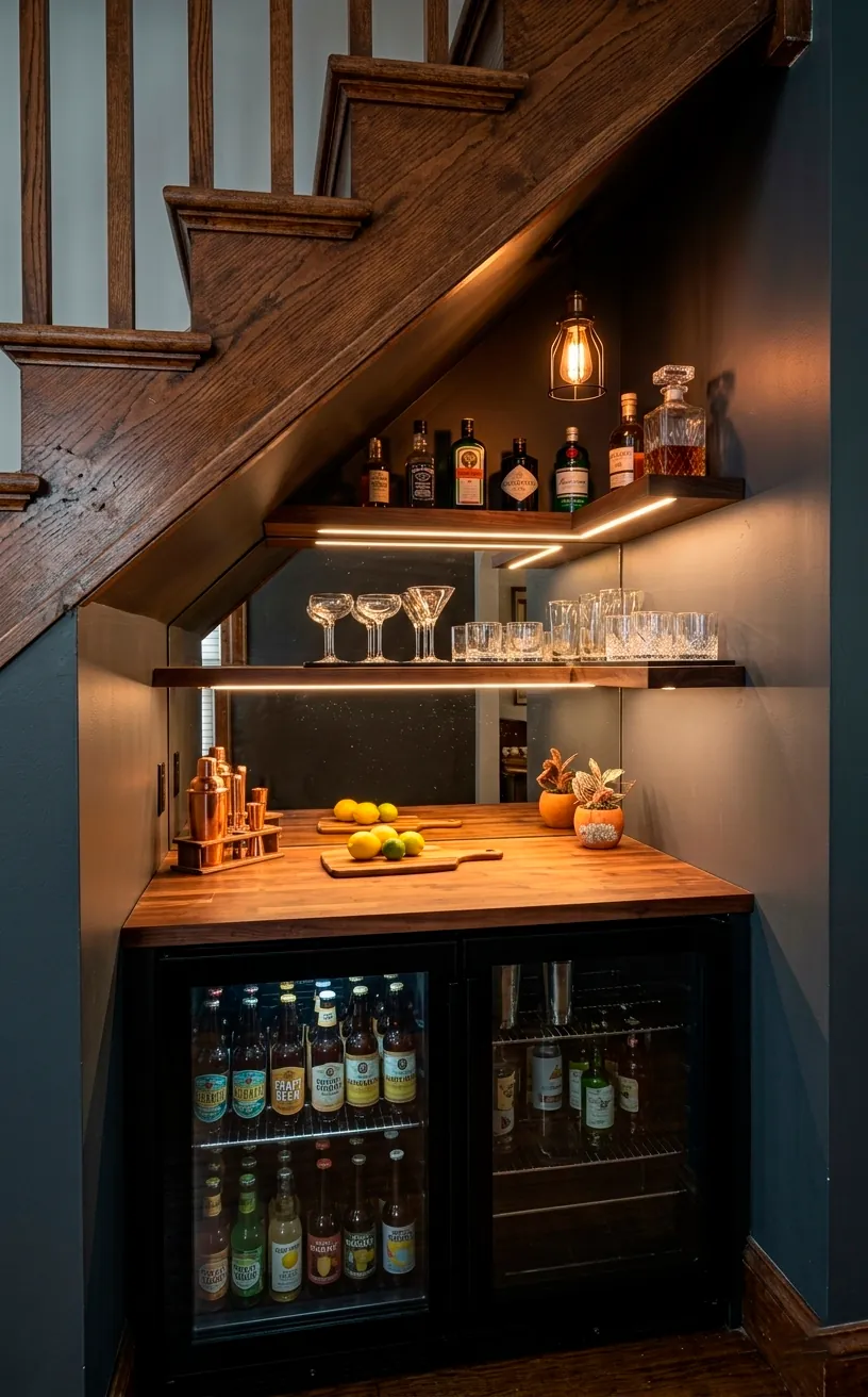Under stairs home bar with butcher block counter and mirrored backsplash