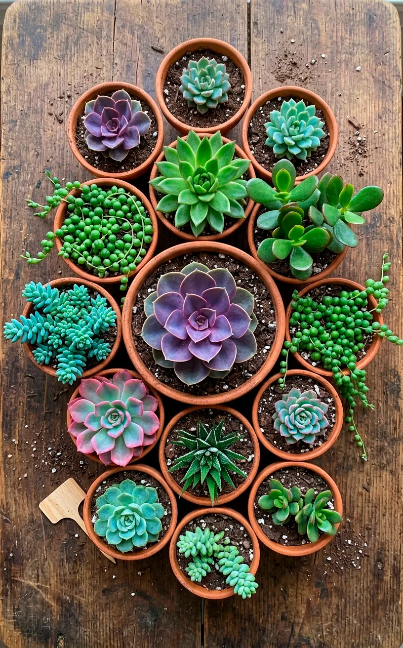 Various colorful succulent plants in small terracotta pots resting on a wooden table before planting.