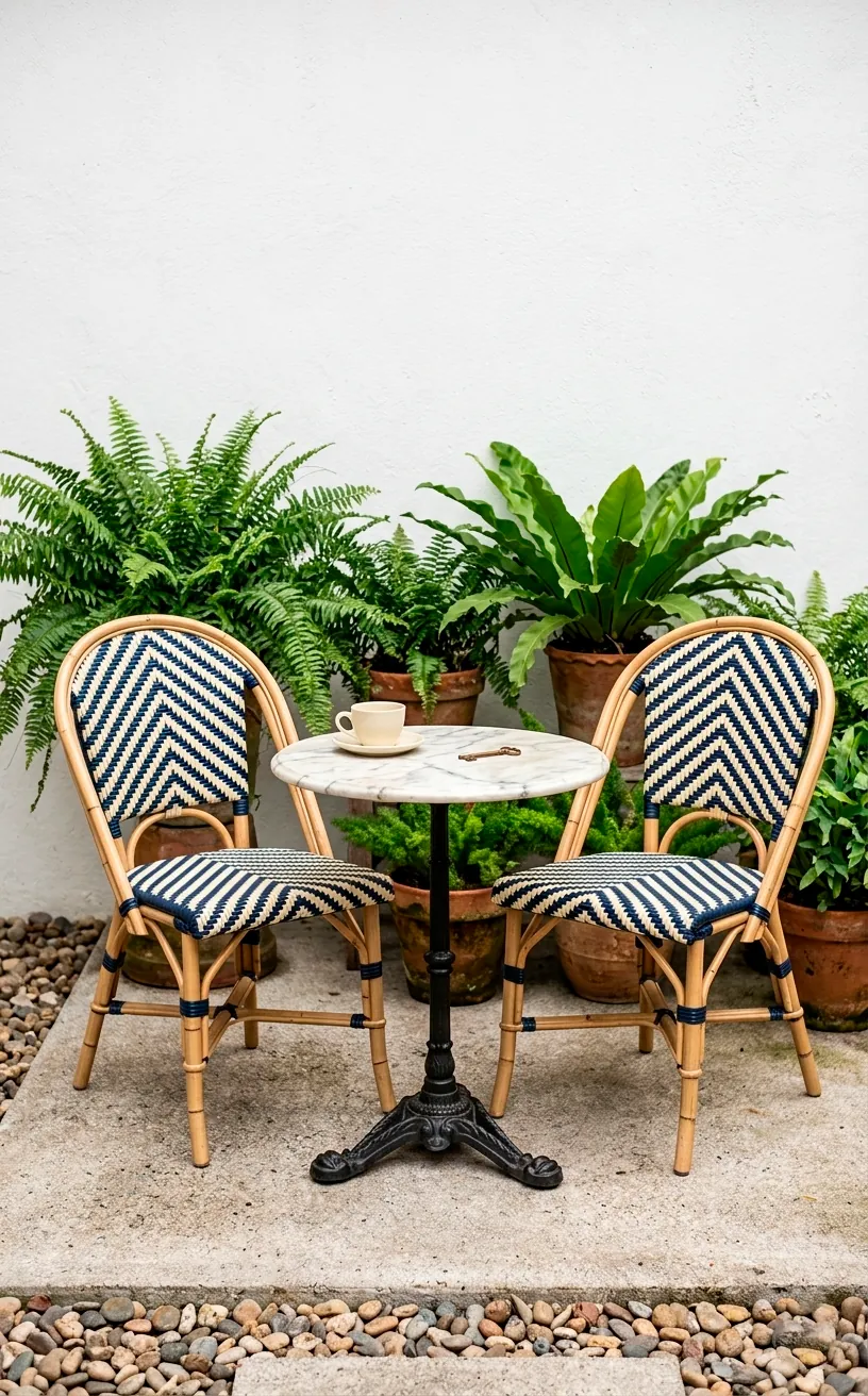 Woven rattan French cafe chairs with navy and cream chevron pattern around a table.