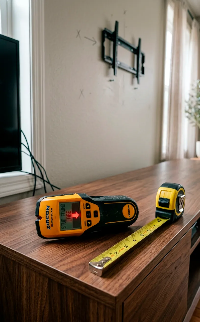 Tools for measuring and finding studs on a living room wall.