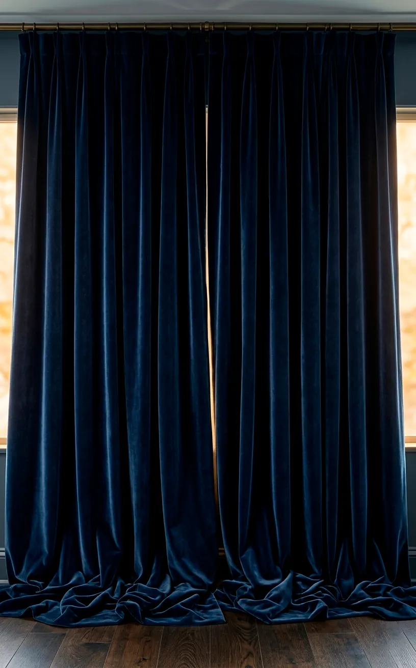 Thick navy velvet floor-to-ceiling curtains in a sophisticated dark sunroom.