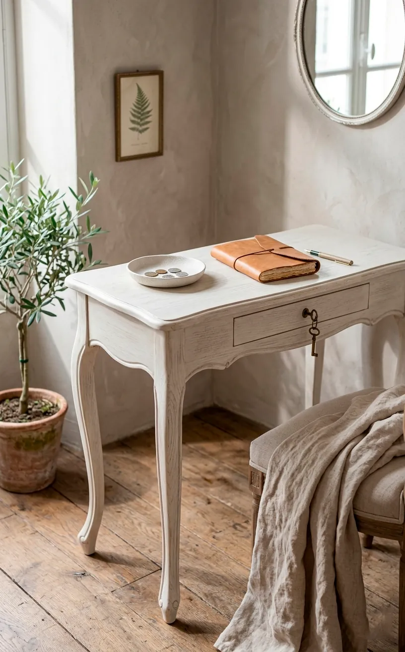 A slender antique white wooden vanity console table with beautifully carved cabriole legs.