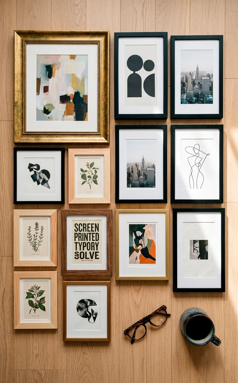Eclectic art frames arranged in a balanced layout on a hardwood floor for a gallery wall.