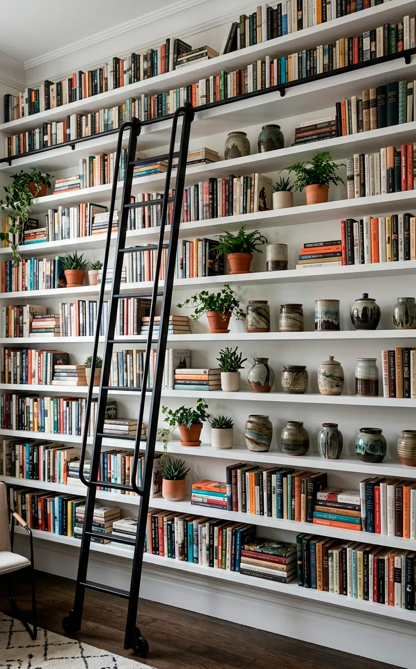 Floor to ceiling vertical shelving in a small apartment for storage optimization.
